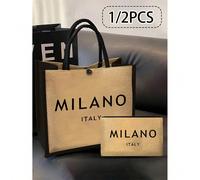 Borsa a tracolla in lino e piccola borsa, inclusa una borsa con stampa "Milano Italia" e una piccola borsa stampata, set di borse in iuta, leggera borsa della spesa con mini portamonete. Combinazione