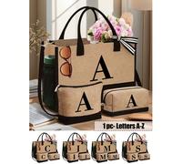 Borsa a tracolla in lino nero con tracolla rimovibile, pochette cosmetica e borsa portaoggetti quadrata, motivo minimalista con lettere dall'A alla Z, grande capacità. La tracolla può essere rimossa s