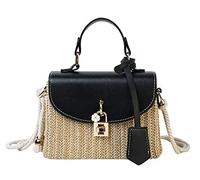 Borsa a tracolla in paglia per donna borsa a tracolla intrecciata a mano in pelle maniglia superiore piccola borsa Boho borsa rattan borse da spiaggia, Nero-b, Taglia unica