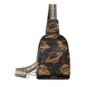 Borsa a tracolla in pelle a tracolla in pelle nera arancione con pianeta spaziale alla moda per il viaggio
