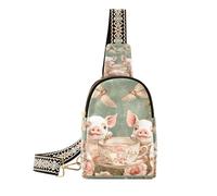 borsa a tracolla in pelle antifurto di colore rosa del fiore della tazza di tè sveglio di tendenza del fumetto per il pacchetto di giorno, cartone animato carino tazza da tè maiale fiore rosa, 1 size