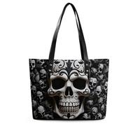 Borsa a tracolla in pelle con motivo Raccoo per donna, con manico superiore, casual, da lavoro, da viaggio, Teschi bianchi e neri, 29*34*14cm