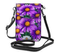 Borsa a tracolla in pelle con stampa margherita viola, piccola borsa a tracolla regolabile per cellulare, da donna, nera, taglia unica