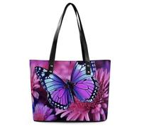 Borsa a tracolla in pelle Corgi disegnata a mano per le donne Borse con manico superiore Borse Casual Lavoro Tote Borsa a tracolla da viaggio, Farfalla e fiore viola, 29*34*14cm