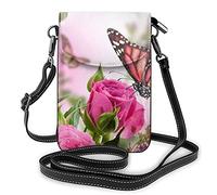 Borsa a tracolla in pelle PU, borsa a tracolla per cellulare con foglia di erba in vaso con tracolla regolabile Farfalla che bacia fiori