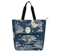 Borsa a tracolla in stile cinese con luna, blu scuro, per bambini e adulti, robusta borsa a tracolla con tasche per scuola, shopping, viaggi, forniture scolastiche arcobaleno