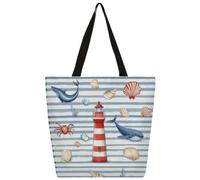Borsa a tracolla in tela a righe con faro, balena, crostacei, borsa per la spesa, borsa a tracolla in tela per la scuola, borsa alla moda da