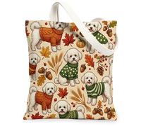 Borsa a tracolla in tela con cane Bichon Frise, autunnale, per lo shopping, 33 x 38 cm, per le colture natalizie, in acero, riutilizzabile, per la spesa, decorazione regalo con pittura autunnale