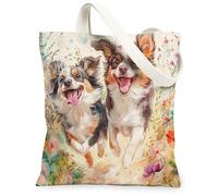 Borsa a tracolla in tela con cane pastore australiano primaverile, per lo shopping, 33 x 38 cm, con graziosi fiori floreali, borsa a tracolla riutilizzabile per donne, decorazione regalo per animali