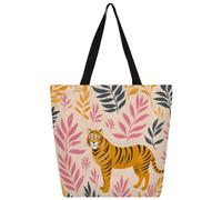 Borsa a tracolla in tela con foglia rosa cartone animato tigre borsa per la spesa scuola borse a tracolla in tela donna uomo