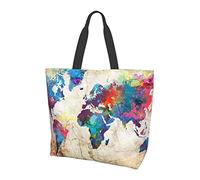 Borsa a tracolla in tela con mappa del mondo astratto per donna, borsa tote impermeabile riutilizzabile Borsa ecologica Borsa per la spesa Borsa da spiaggia