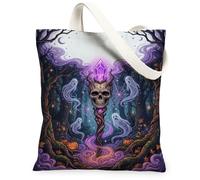 Borsa a tracolla in tela con teschio gotico e cristalli, 33 x 38 cm | Spiriti eterei, Cristallo Luminoso, Foresta, Estetica Gotica, Atmosfera spettrale, Tema occulto