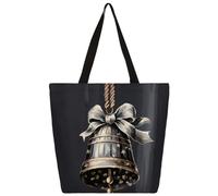 Borsa a tracolla in tela nera con campana di Natale borsa per la spesa borsa a tracolla in tela da donna uomo borsa moda