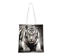 Borsa a tracolla in tela nera e bianca con tigre, da donna, con tasche, borsa per la spesa riutilizzabile