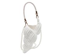 Borsa a tracolla intrecciata a mano con conchiglie all'uncinetto con catena di perle, bianco, 180.00x70.00x240.00mm/7.09x2.76x9.45inch