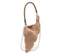 Borsa a tracolla intrecciata a mano con conchiglie all'uncinetto con catena di perle, cachi, 180.00x70.00x240.00mm/7.09x2.76x9.45inch