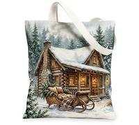 Borsa a tracolla invernale in tela con paesaggio della foresta innevata, 33 | Paesaggio della foresta invernale, architettura rustica della cabina, slitta in legno vintage, lanterne luminose