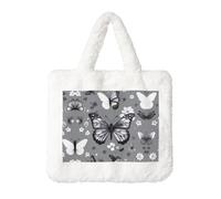 Borsa a tracolla morbida da donna in peluche con stampa a farfalla, colore grigio foglia di tè, borsa a mano pelosa per lavoro e viaggio, Bianco, One Size