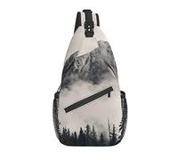 Borsa a tracolla National Foggy Mountains Forest Black and White Tree Trippy Hiking Daypack Crossbody Shoulder Backpack Travel Chest Pack for Men Women