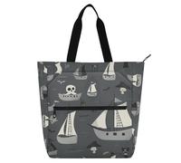 Borsa a tracolla per bambini, studenti, adulti, design pirati, design grigio, barca a vela, leggera, con tasche con cerniera, per scuola e tempo di gioco