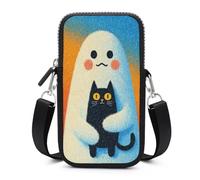 Borsa a tracolla per cellulare con fantasma con gatto nero in braccio, con tracolla regolabile