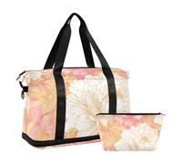 Borsa a tracolla per il fine settimana in stile cinese con peonia floreale pesca oro con tasca bagnata tracolla regolabile borsa da palestra per allenamento set da 2 pezzi per uomo donna