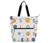 Borsa a tracolla per libri con pianeti esterni in stile cartone animato, con lettere dell'alfabeto, per ragazzi, ragazze, donne, grande, con cerniera, per scuola e tempo di gioco, arcobaleno