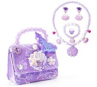 Borsa a Tracolla per Ragazze Tema Della Sirena Principessa Borsa Pochette con Il Set di Gioielli da Vestire Graziosa Piccola Portafoglio Collana Bracciale Orecchini Anelli per le Bambine, 3-7 Anni