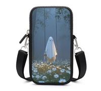 Borsa a tracolla per smartphone con fantasma carino su altalena, foresta e margherite, con tracolla regolabile