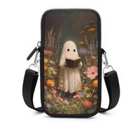 Borsa a tracolla per smartphone con scritta "Cute Ghost Reading in the Flower Garden", con tracolla regolabile
