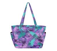 Borsa a tracolla per uso quotidiano, per piscina, palestra, generi alimentari, viaggi, con tasca con schizzi di acquerello, viola e verde acqua