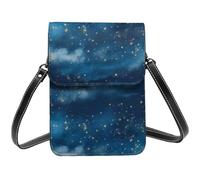 Borsa a tracolla piccola in pelle da donna, per cellulare, cellulare, portafoglio, blu, con stelle celesti