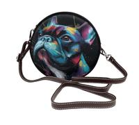 Borsa a tracolla rotonda da donna con bulldog francese colorata in pelle