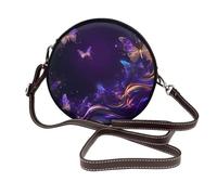 Borsa a tracolla rotonda da donna con farfalla viola e oro, fantasia circolare in pelle vegana, borsa a tracolla con tracolla regolabile