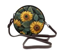 Borsa a tracolla rotonda da donna con petali gialli e foglie verdi, in pelle, con girasoli