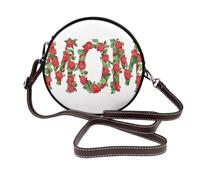 Borsa a tracolla rotonda da donna con rose rosse e foglie verdi con testo mamma