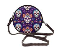 Borsa a tracolla rotonda da donna con scheletro messicano, teschio di zucchero, borsa a tracolla in pelle vegana con tracolla regolabile