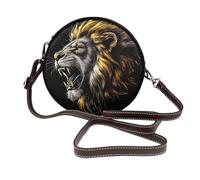 Borsa a tracolla rotonda da donna con testa di leone ruggente giallo dorato in pelle