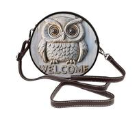 Borsa a tracolla rotonda da donna in legno retrò con gufo carino in pelle