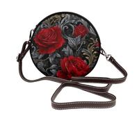 Borsa a tracolla rotonda da donna in pelle con motivo gotico con rose rosse scure