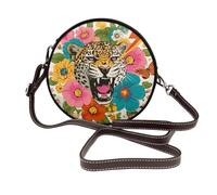 Borsa a tracolla rotonda da donna in pelle vintage con testa di leopardo e fiori retrò