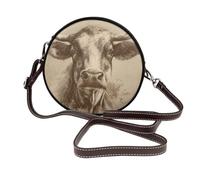 Borsa a tracolla rotonda da donna vintage con ritratto di mucca in pelle
