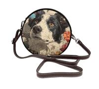 Borsa a tracolla rotonda in pelle con motivo Border Collie con farfalle e fiori