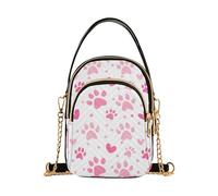 Borsa a tracolla singola da donna con cinturino a catena a fiori portafoglio per telefono borsa trapuntata a tracolla frizione con cerniera tote rosa chiaro impronte di zampe cuori bianchi