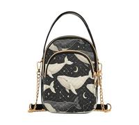 Borsa a tracolla trapuntata per telefono con balena che nuota attraverso il mare stellato, mini borsa in poliestere ad ultrasuoni con tracolla staccabile a catena dorata