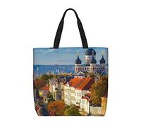 Borsa a tracolla unisex con cigno, riutilizzabile, pieghevole, casual, elegante, per la spesa, per spiaggia, viaggi, lavoro, scuola, Tallinn Estonia Città, Taglia unica