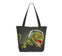 Borsa a tracolla unisex con fiore colorato, riutilizzabile, pieghevole, casual, elegante, per la spesa, per spiaggia, viaggi, lavoro, scuola, Chameleon Ascolta Mus, Taglia unica