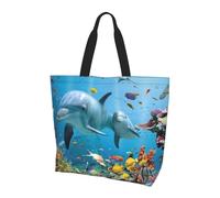 Borsa a tracolla unisex con fiori blu, riutilizzabile, pieghevole, casual, elegante, per la spesa, per spiaggia, viaggi, lavoro, scuola, Sguardo delfino oceano, Taglia unica