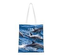 Borsa a tracolla unisex con fiori in stile cartone animato, riutilizzabile, pieghevole, casual, elegante, per la spesa, per spiaggia, viaggi, lavoro, scuola, Delfini nel mare, Taglia unica
