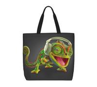 Borsa a tracolla unisex con giraffa intelligente, riutilizzabile, pieghevole, casual, elegante, per la spesa, per spiaggia, viaggi, lavoro, scuola, Chameleon Ascolta Mus, Taglia unica